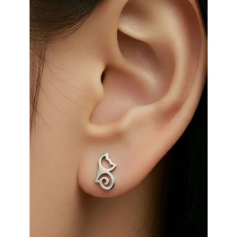 Cat Outline Stud Earrings Dainty Stainless Steel Minimalist Pet Lover Silver